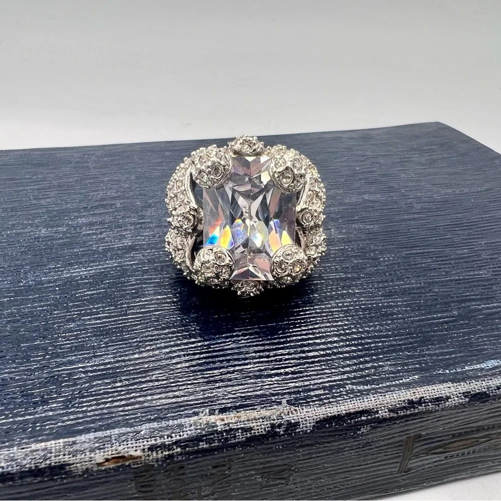 Huge chunky fake diamond cocktail ring paved rhinestones silver tone size 6